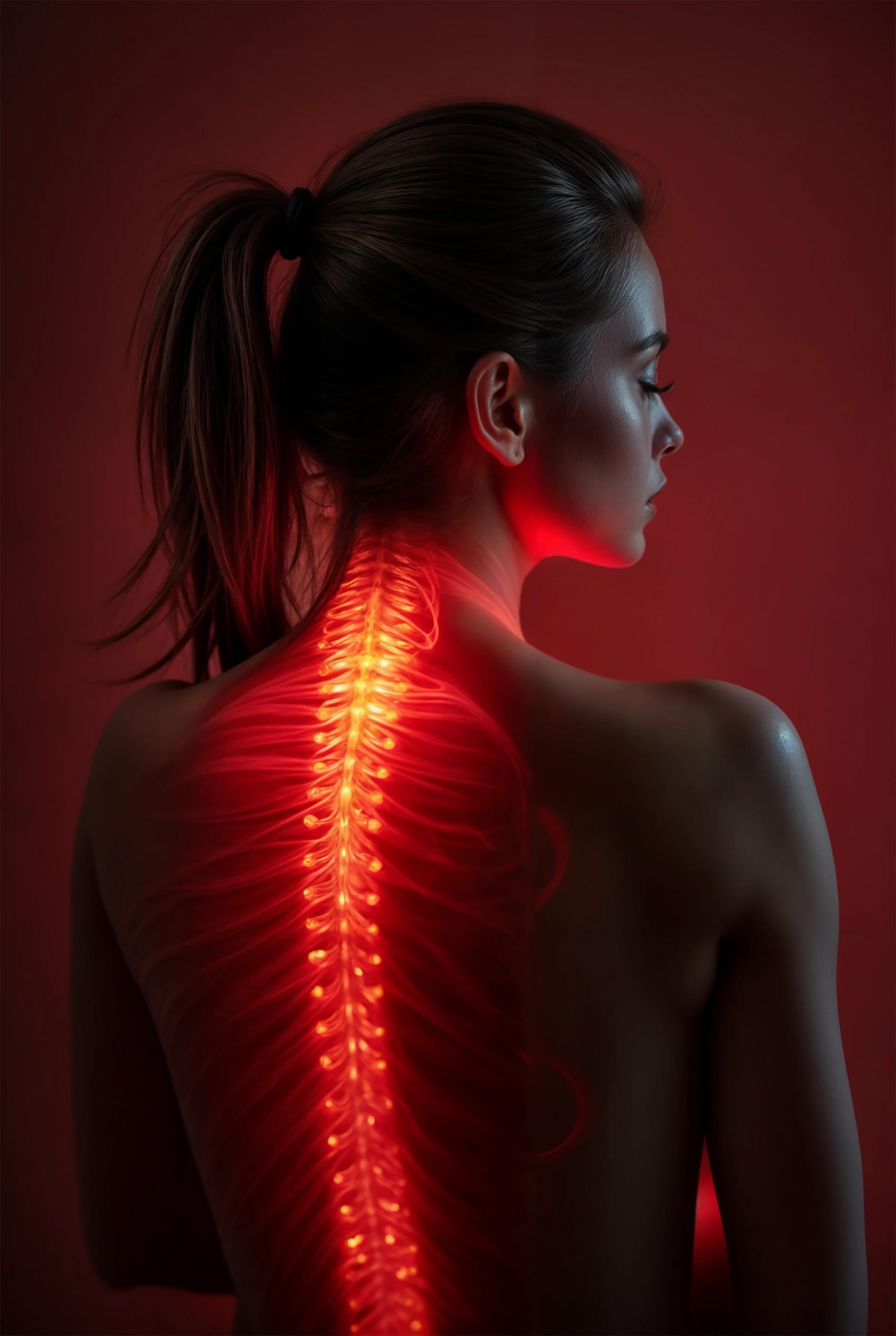 The image shows a woman with her back to the viewer, undergoing red light therapy focused on her spine. The red light highlights the spinal area. She has dark hair pulled back in a ponytail. The setting is a studio with a red background